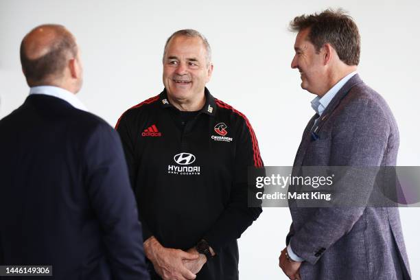 Crusaders CEO Colin Mansbridge speaks to Rugby Australia CEO Andy Marinos and New Zealand Rugby CEO Mark Robinson during a Super Rugby media...