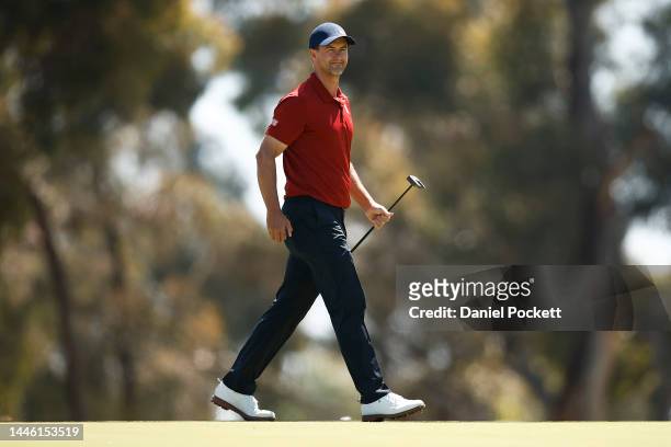Adam Scott of Australia celebrates a successful putt on the 10th during Day 2 of the 2022 ISPS HANDA Australian Open at Victoria Golf Club on...