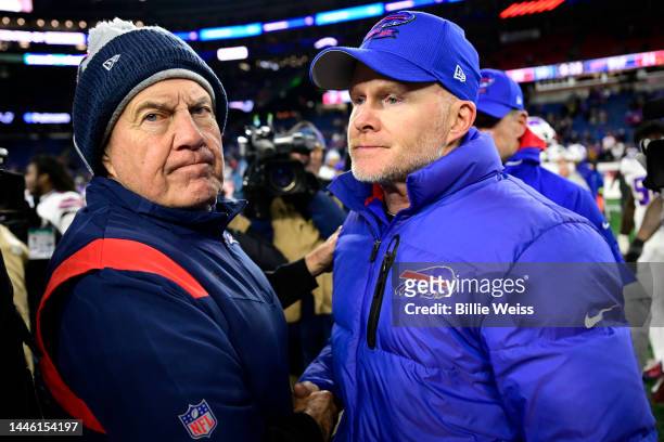 Head coach Bill Belichick of the New England Patriots and head coach Sean McDermott of the Buffalo Bills shake hands following the Bills win at...