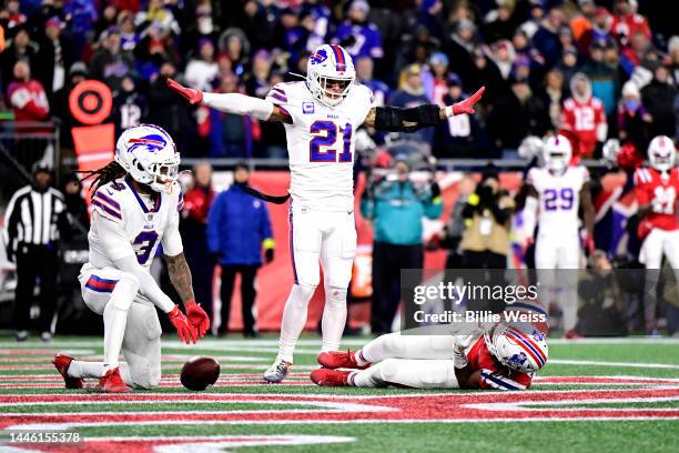 Safety Damar Hamlin and safety Jordan Poyer of the Buffalo Bills reacts after breaking up a pass intended for wide receiver Jakobi Meyers of the New...