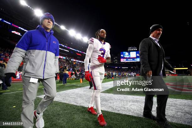 Safety Damar Hamlin of the Buffalo Bills walks off the field after being ejected for a hit on wide receiver Jakobi Meyers of the New England Patriots...