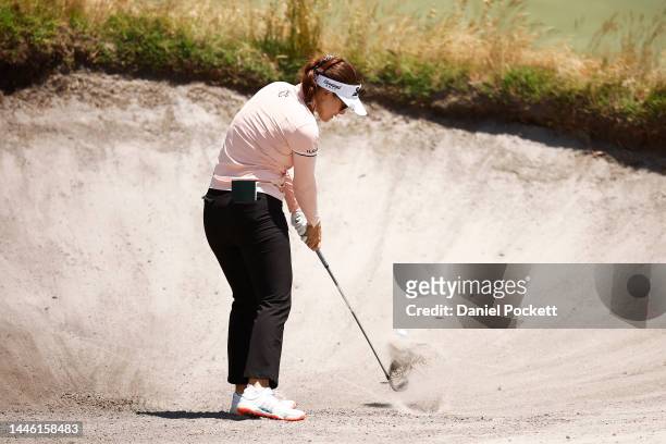 Hannah Green of Australia plays a shot out of a bunker during Day 2 of the 2022 ISPS HANDA Australian Open at Victoria Golf Club on December 02, 2022...