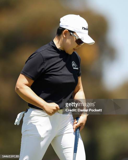 Jiyai Shin of South Korea celebrates a putt during Day 2 of the 2022 ISPS HANDA Australian Open at Victoria Golf Club on December 02, 2022 in...