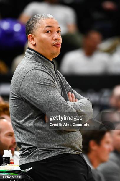 Clippers head coach Tyronn Lue looks on during the second half of a game against the Utah Jazz at Vivint Arena on November 30, 2022 in Salt Lake...