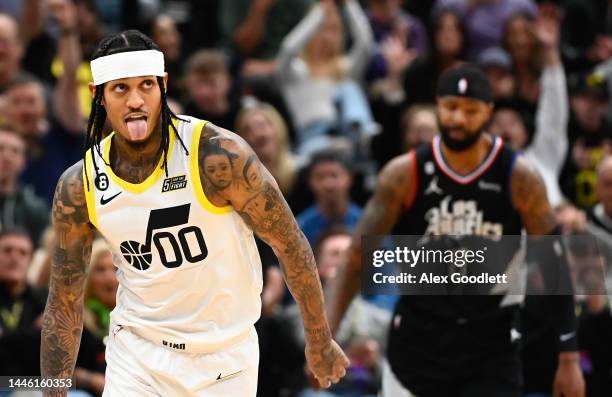 Jordan Clarkson of the Utah Jazz in action during the second half of a game against the LA Clippers at Vivint Arena on November 30, 2022 in Salt Lake...