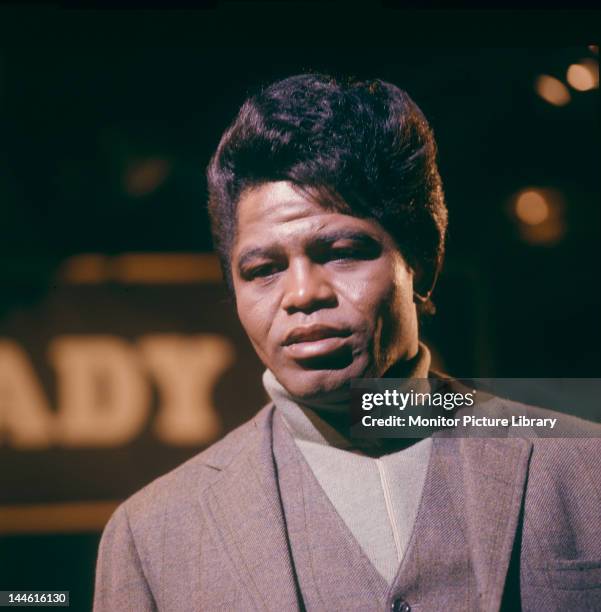 American soul singer and songwriter James Brown performs live on stage with The Famous Flames on the set of the Associated Rediffusion Television pop...