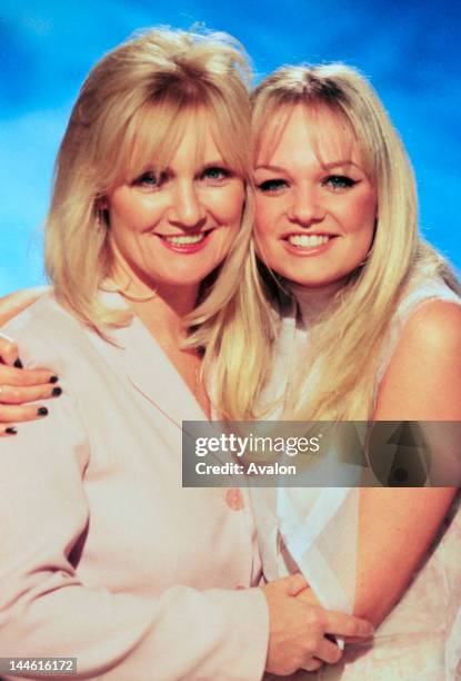 Emma Bunton of the Spice Girls photographed with her Mum on the set of the video shoot for the song " Mama " in February 1997 .;