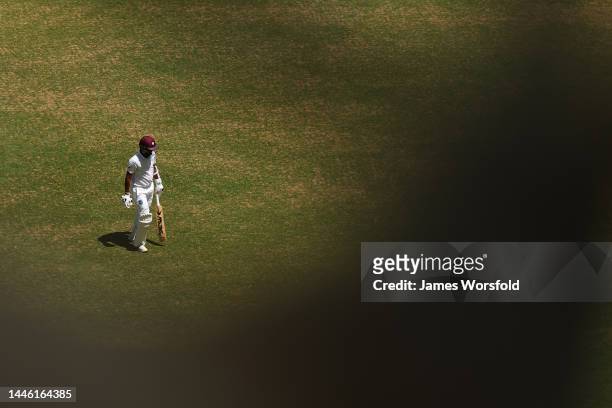Kraigg Brathwaite of the West Indies walks off the field after getting out during day three of the First Test match between Australia and the West...