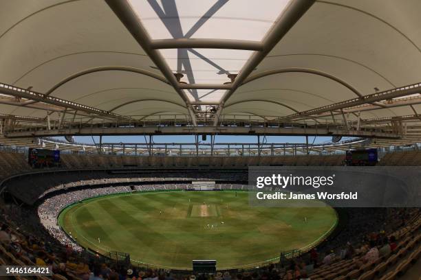 General view of Optus Stadium during day three of the First Test match between Australia and the West Indies at Optus Stadium on December 02, 2022 in...