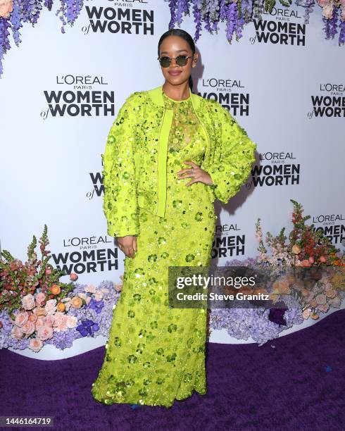 Arrives at the L'Oréal Paris' Women Of Worth Celebration at The Ebell Club of Los Angeles on December 01, 2022 in Los Angeles, California.