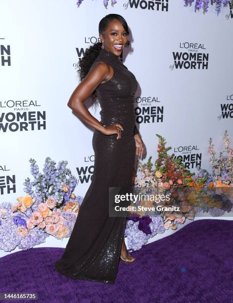 Aja Naomi King arrives at the L'Oréal Paris' Women Of Worth Celebration at The Ebell Club of Los Angeles on December 01, 2022 in Los Angeles,...
