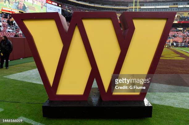 The Washington Commanders logo on the field for player introduction before the game against the Atlanta Falcons at FedExField on November 27, 2022 in...