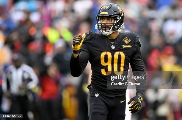 Montez Sweat of the Washington Commanders celebrates during the game against the Atlanta Falcons at FedExField on November 27, 2022 in Landover,...