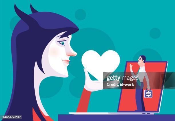 evil woman holding heart symbol and meeting businessman on laptop - selfishness stock illustrations