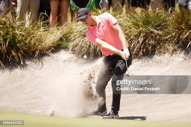 Cameron Davis of Australia plays a shot from a bunker during Day 2 of the 2022 ISPS HANDA Australian Open at Victoria Golf Club on December 02, 2022...