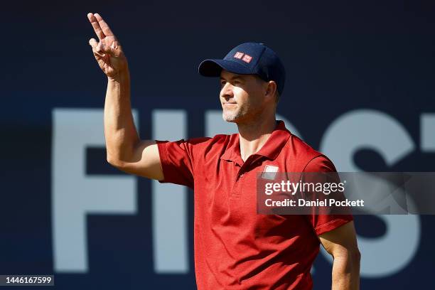 Adam Scott of Australia celebrates his final putt on the 18th during Day 2 of the 2022 ISPS HANDA Australian Open at Victoria Golf Club on December...