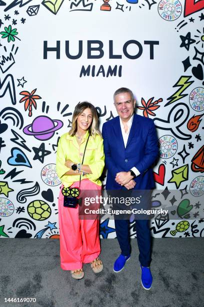 Mira Mikati and Hublot CEO, Ricardo Guadalupe attend Hublot Loves Football Miami Art Basel at W South Beach on December 01, 2022 in Miami Beach,...