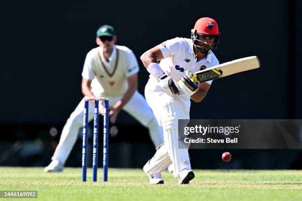 Jake Weatherald of the Redbacks bats during the Sheffield Shield match between Tasmania and South Australia at Blundstone Arena, on December 02 in...
