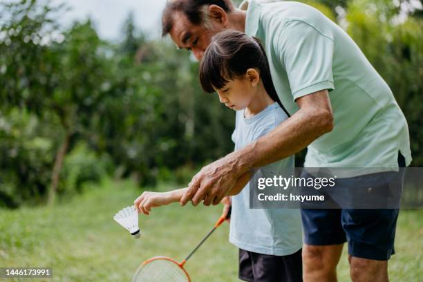 großvater und enkelin spielen badminton - playing badminton stock-fotos und bilder