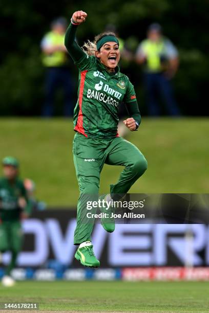 Jahanara Alam of Bangladesh celebrates the wicket of Sophie Devine during the first T20 International match in the series between New Zealand White...