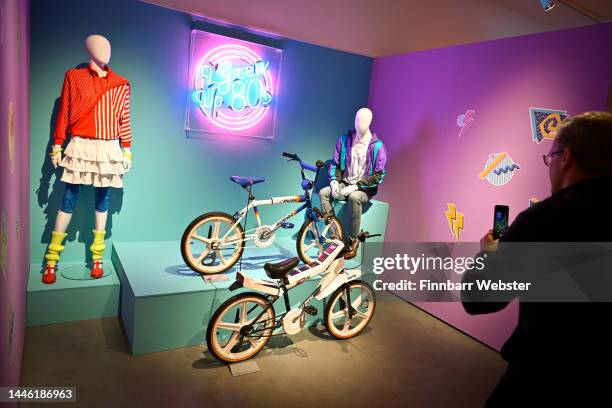 Clothing, BMX bike and a Raleigh Vektar, the worlds first computer bike, are displayed at the ‘I Grew Up 80s’ exhibition at Dorset Museum, on...