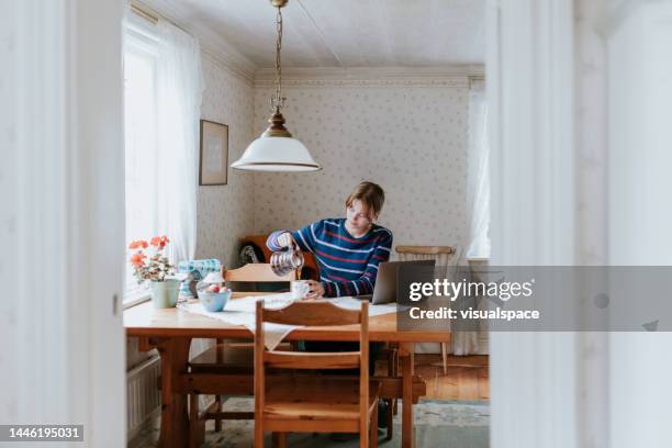 young woman making morning coffee - stuga bildbanksfoton och bilder