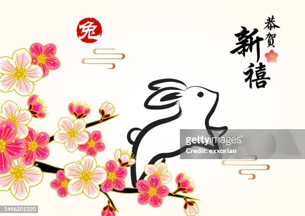illustrations, cliparts, dessins animés et icônes de fleur de prunier de l’année du lapin - écriture chinoise