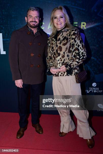 Sergio Bazañes and Margarita Gralia pose for a photo during the red carpet as part of the Tennis Fest GNP at Plaza Mexico on December 1, 2022 in...