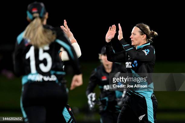 Lea Tahuhu of New Zealand celebrates the wicket of Rumana Ahmedduring the first T20 International match in the series between New Zealand White Ferns...