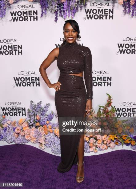 Aja Naomi King attends L'Oréal Paris' Women Of Worth Celebration at The Ebell Club of Los Angeles on December 01, 2022 in Los Angeles, California.
