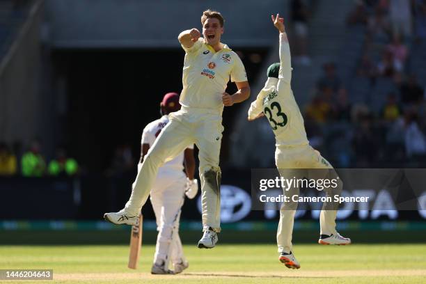 Cameron Green of Australia celebrates celebrates dismissing Shamarh Brooks of the West Indies during day three of the First Test match between...