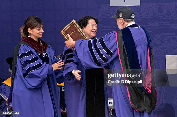 Financial journalist Maria Bartiromo, U.S. Supreme Court Justice Sonia Sotomayor, and NYU President John Sexton attend the 2012 New York University...