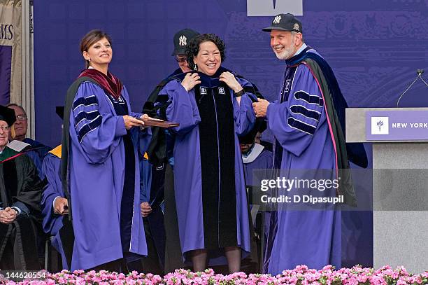 Financial journalist Maria Bartiromo, U.S. Supreme Court Justice Sonia Sotomayor, and NYU President John Sexton attend the 2012 New York University...