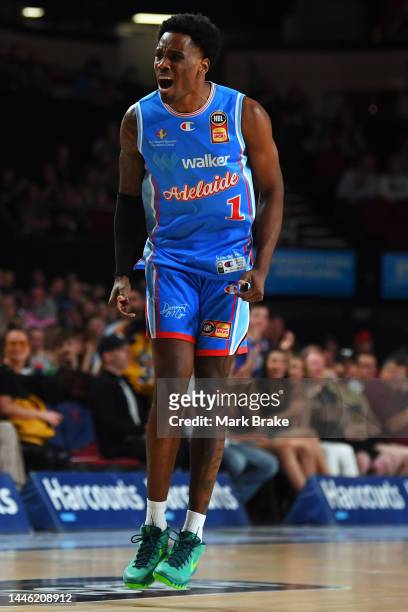Antonius Cleveland of the 36ers celebrates a basket during the NBL round 9 match between Adelaide 36ers and the Cairns Taipans at Adelaide...
