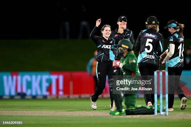 Fran Jonas of New Zealand celebrates the wicket of Jahanara Alam during the first T20 International match in the series between New Zealand White...
