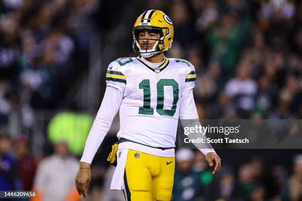 Jordan Love of the Green Bay Packers reacts to a play against the Philadelphia Eagles during the second half at Lincoln Financial Field on November...