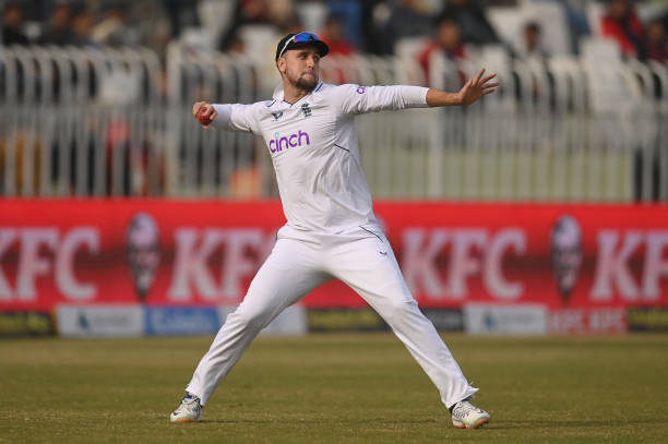Liam Livingstone of England throws the ball during the second day of the first Test between Pakistan and England at Rawalpindi Cricket Stadium on...