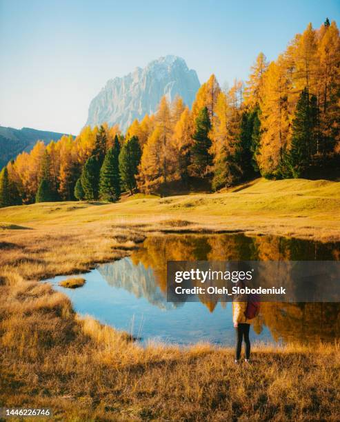 woman hiking on the background of the lake in dolomites in autumn - idyllic retro stock pictures, royalty-free photos & images