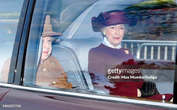 Queen Elizabeth II, accompanied by her lady-in-waiting Lady Susan Hussey, arrives in her Bentley car to attend Sunday service at the Church of St...