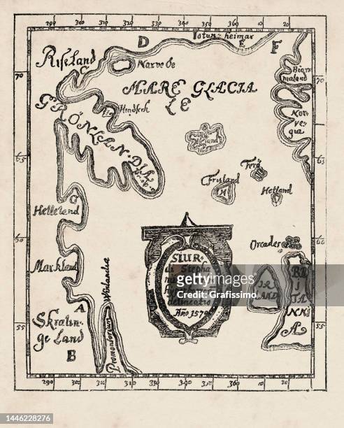 bildbanksillustrationer, clip art samt tecknat material och ikoner med map of america greenland ireland and great britain 1570 by sigur stephanius - ireland