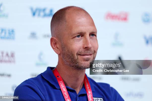 Gregg Berhalter, Head Coach of United States, reacts during United States Press Conference ahead of their Round of Sixteen match against Netherlands...
