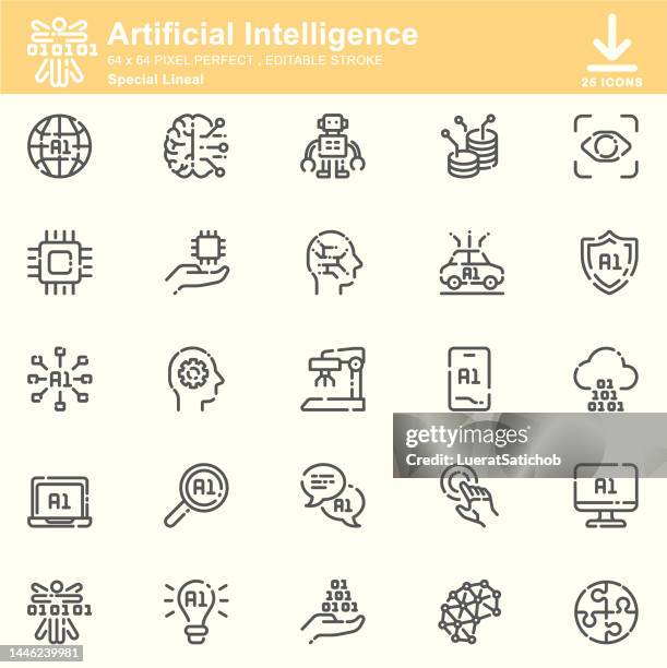 artificial intelligence & machine learning lineal icons , editable stroke , 64x64 pixel perfect - artificial intelligence background in white stock illustrations
