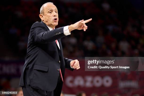 Head coach Ettore Messina of EA7 Emporio Aramani Milan react during the 2022-23 Turkish Airlines EuroLeague Regular Season Round 11 game between...