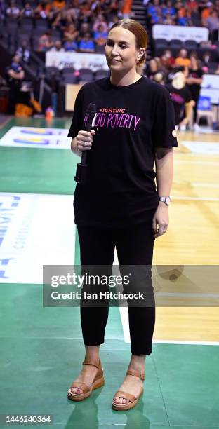 The sideline reporter is seen before the start of the round 4 WNBL match between the Townsville Fire and the Bendigo Spirit at Townsville...