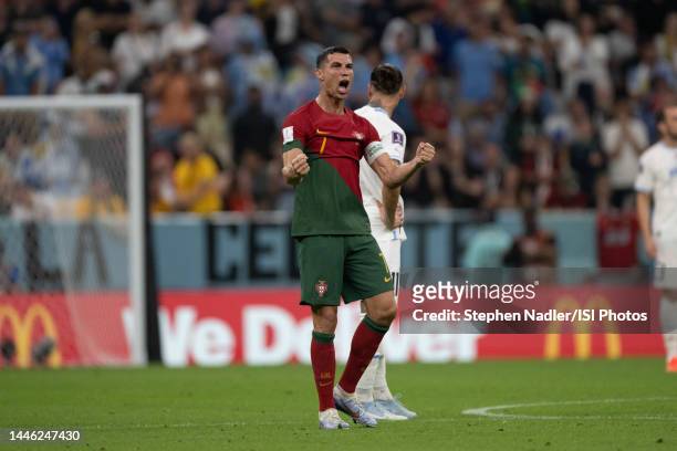 Cristiano Ronaldo of Portugal celebrates a goal during a FIFA World Cup Qatar 2022 Group H match between Uruguay and Portugal at Lusail Stadium on...