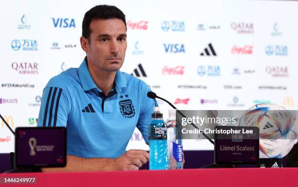 Lionel Scaloni, Head Coach of Argentina, speaks during the Argentina Press Conference ahead of their round of 16 match against Australia at the Main...