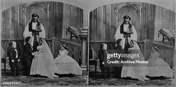 Stereoscopic image showing a reenactment of the wedding of American circus performers General Tom Thumb and Lavinia Warren , with American circus...