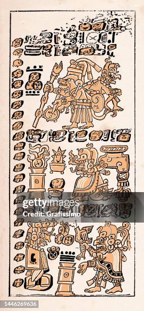 ilustraciones, imágenes clip art, dibujos animados e iconos de stock de códice maya de dresde página del manuscrito - manuscrito