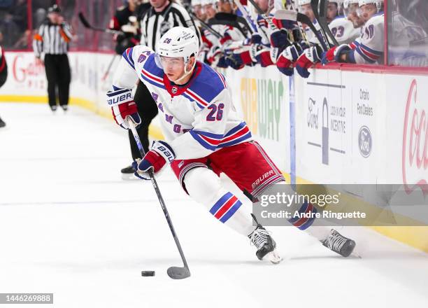 Jimmy Vesey of the New York Rangers skates against the Ottawa Senators at Canadian Tire Centre on November 30, 2022 in Ottawa, Ontario, Canada.