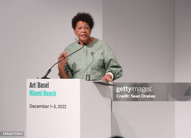 Celebrated artist Carrie Mae Weems discusses her body of art work at an Art Basel Conversations panel during Art Basel Miami Beach in the Miami Beach...